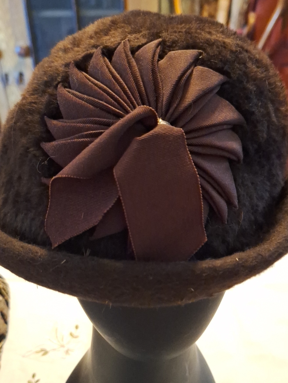 Brown Wool Felt Cloche Hat with Decorative Fabric Rosette